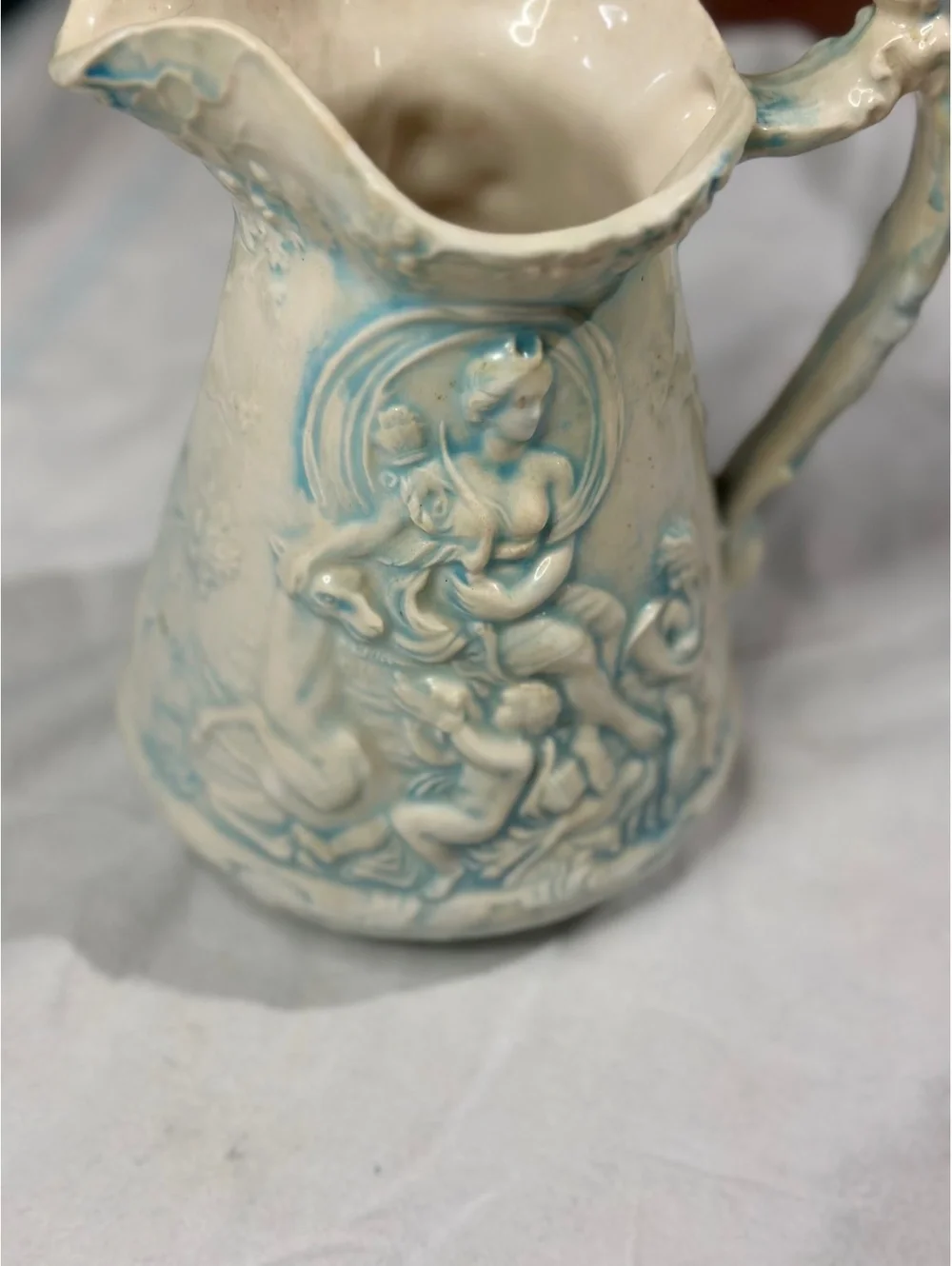 Vintage Ceramic Pitcher with Raised Relief Design